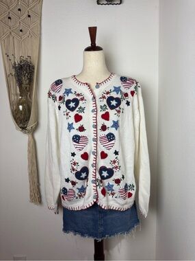 Flag Heart Embroidered White Button-Front Cardigan Sweater